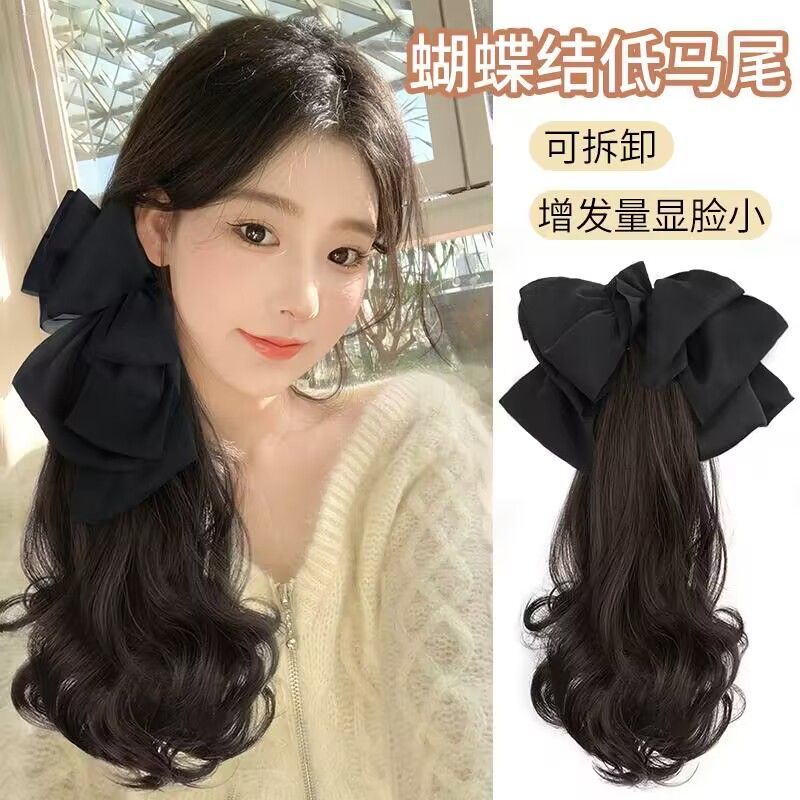 蝴蝶结假发马尾女仿全真人发抓夹长发大波浪卷发时尚自然微卷马尾
