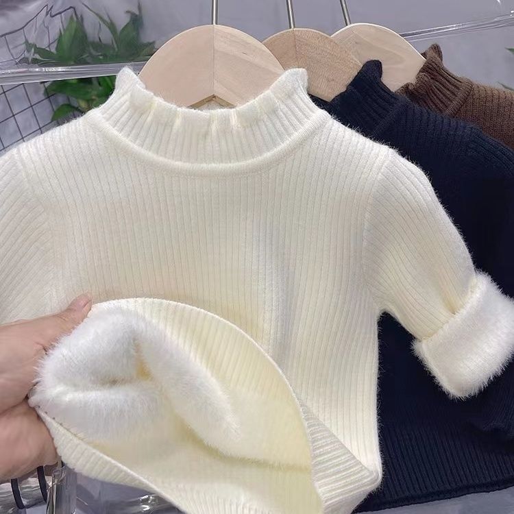 女童一体绒毛衣加绒新款儿童韩版花边领打底衫宝宝百搭保暖针织衫