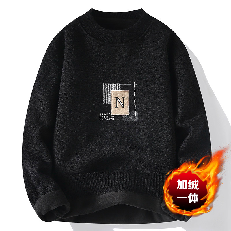 男士刺绣毛衣秋冬加绒圆领打底衫休闲加厚保暖韩版百搭宽松半高领