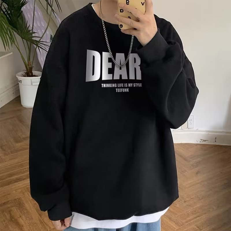 春秋冬季美式圆领卫衣男ins潮牌外套oversize无帽大码加绒上衣服