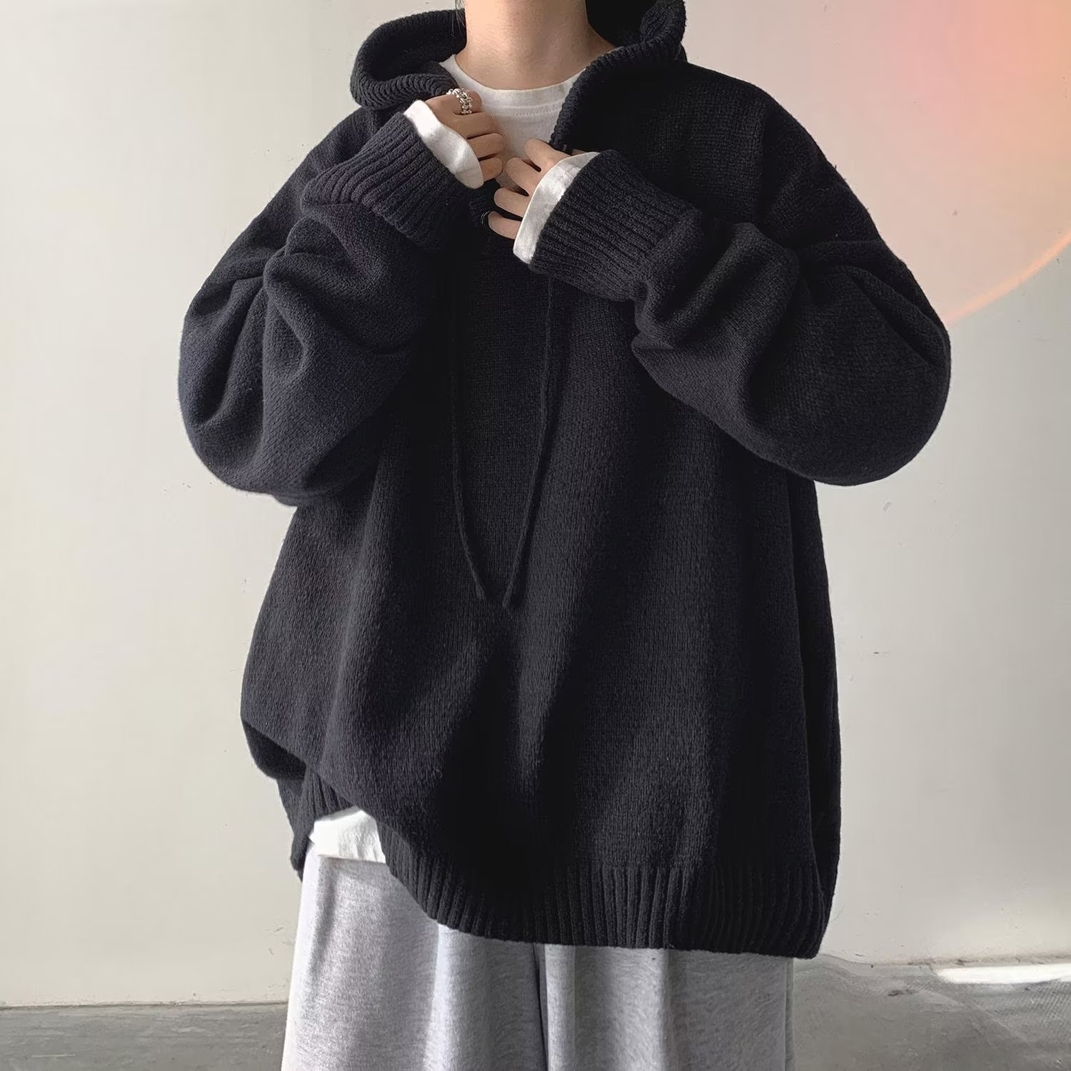 日系复古灰色连帽毛衣男春季oversize慵懒风针织衫外套头帽衫卫衣