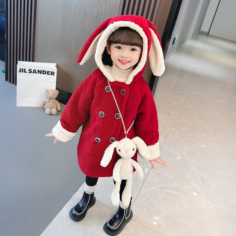 女童冬装毛毛衣加绒加厚羊羔绒外套2023冬季新款兔耳朵洋气拜年服