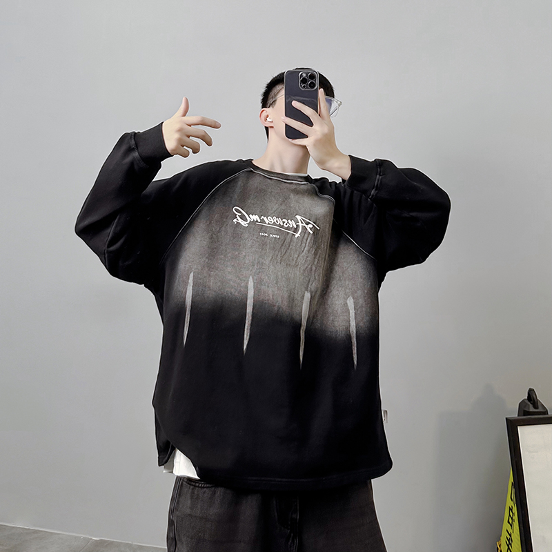 复古美式高街长袖卫衣春秋2024新款宽松显瘦渐变色加绒休闲上衣男