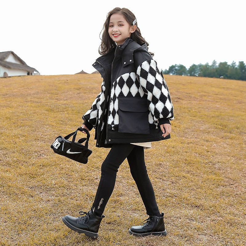 女童棉衣外套冬季棉服衣洋气时髦中大儿童羊羔绒拼色夹棉加厚上衣
