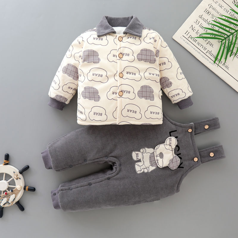 婴儿套装冬季加棉男宝宝秋冬装棉服背带裤两件套新生儿衣服0-2岁