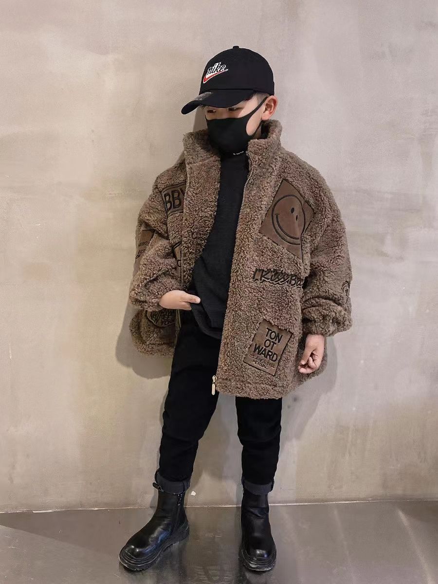 男童外套加绒加厚秋冬装棉衣新款韩版中大童男孩羊羔毛毛毛衣潮童