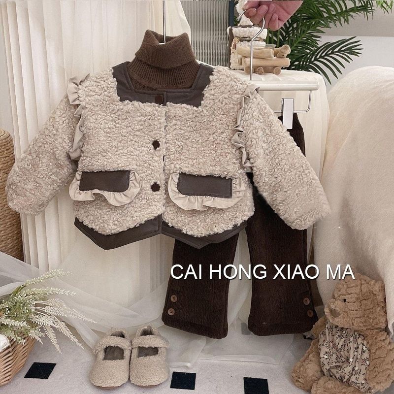 女童冬装套装女宝宝时髦新款中小童保暖羊羔毛短款毛毛衣两件套潮