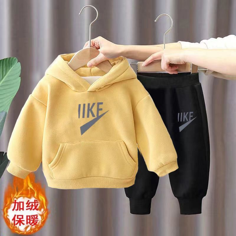 男童秋冬装套装2023新款洋气宝宝衣服小儿童加绒加厚卫衣两件套潮