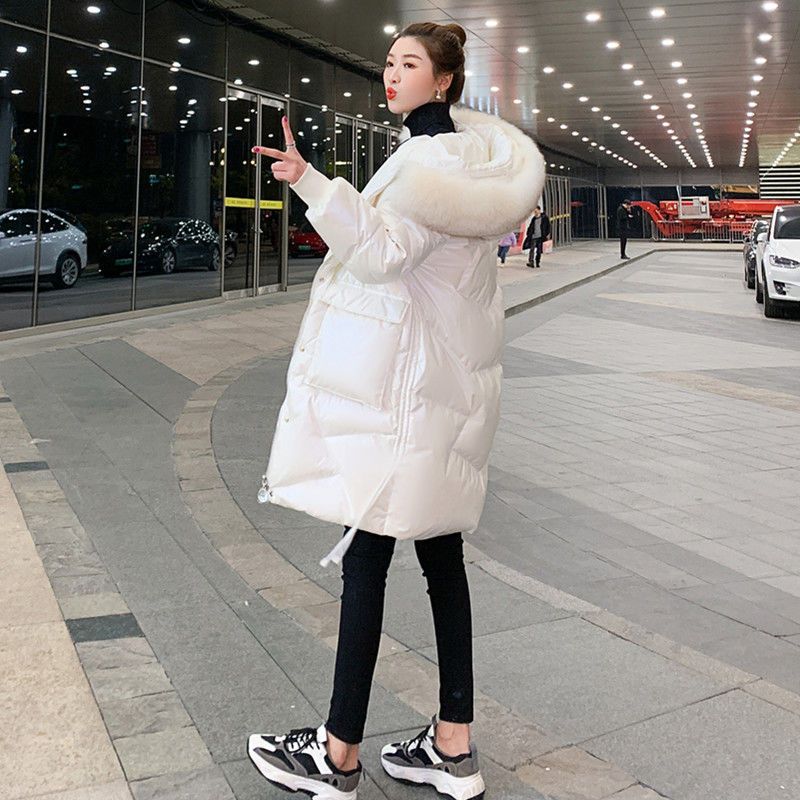 波司澄白色羽绒服女年新款中长款时尚宽松加厚亮面免洗白鸭绒外套