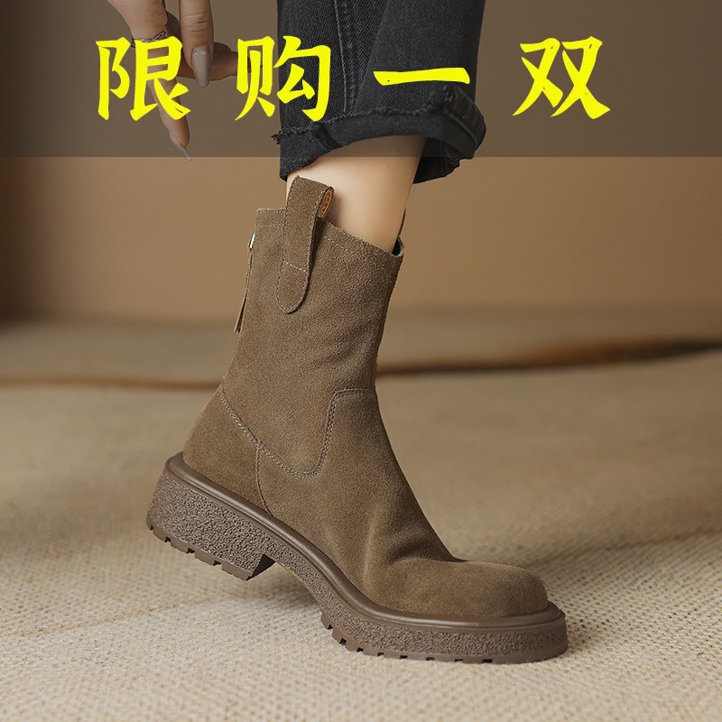 红蜻蜓牌2023年新款翻毛皮短靴女粗跟短筒靴子女磨砂皮马丁靴女