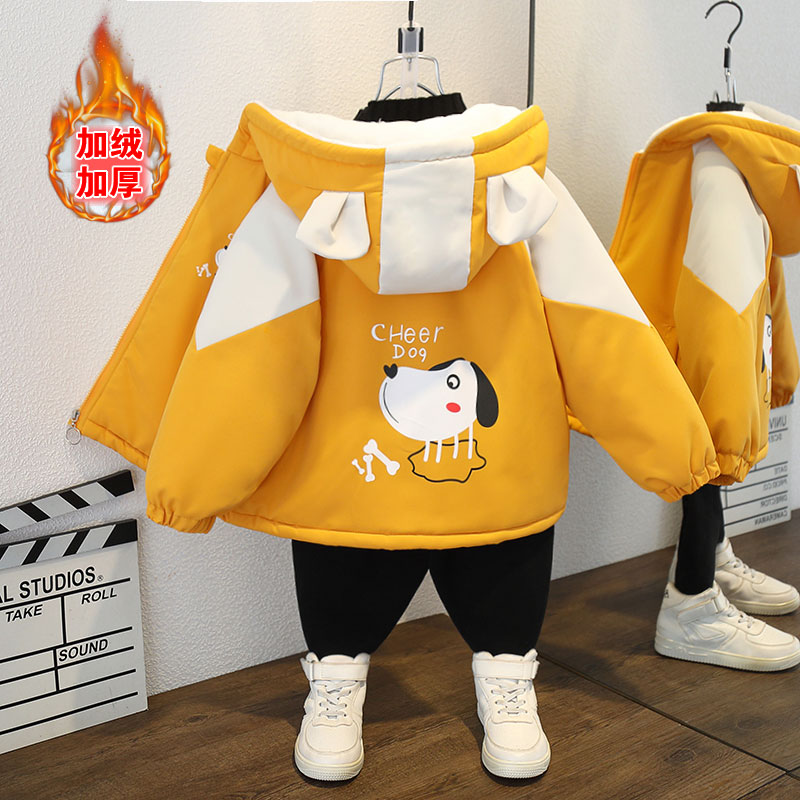 军大衣男童秋冬加绒外套休闲连帽棉衣加厚女童保暖派克服冬款上衣
