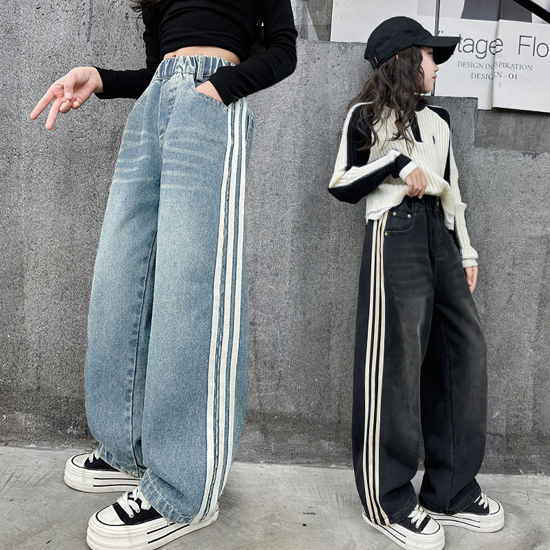 女童牛仔阔腿裤春秋2024新款裤子春款儿童直筒裤春装大童宽松长裤