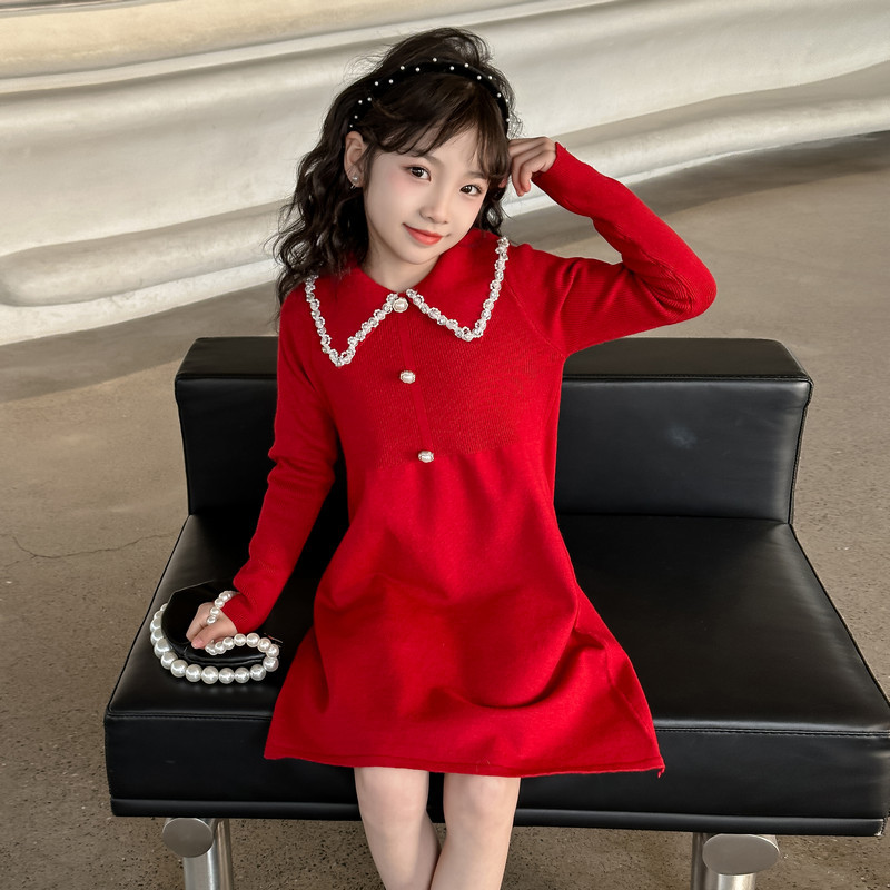 女童冬季红色连衣裙娃娃领儿童针织毛衣中长款新年装中大童拜年服