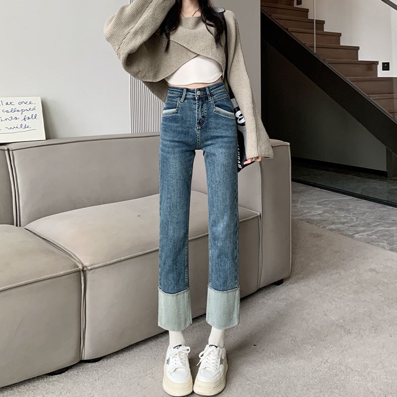 直筒牛仔裤女春秋2023新款翻边八分小个子九分法棍窄版阔腿烟管裤