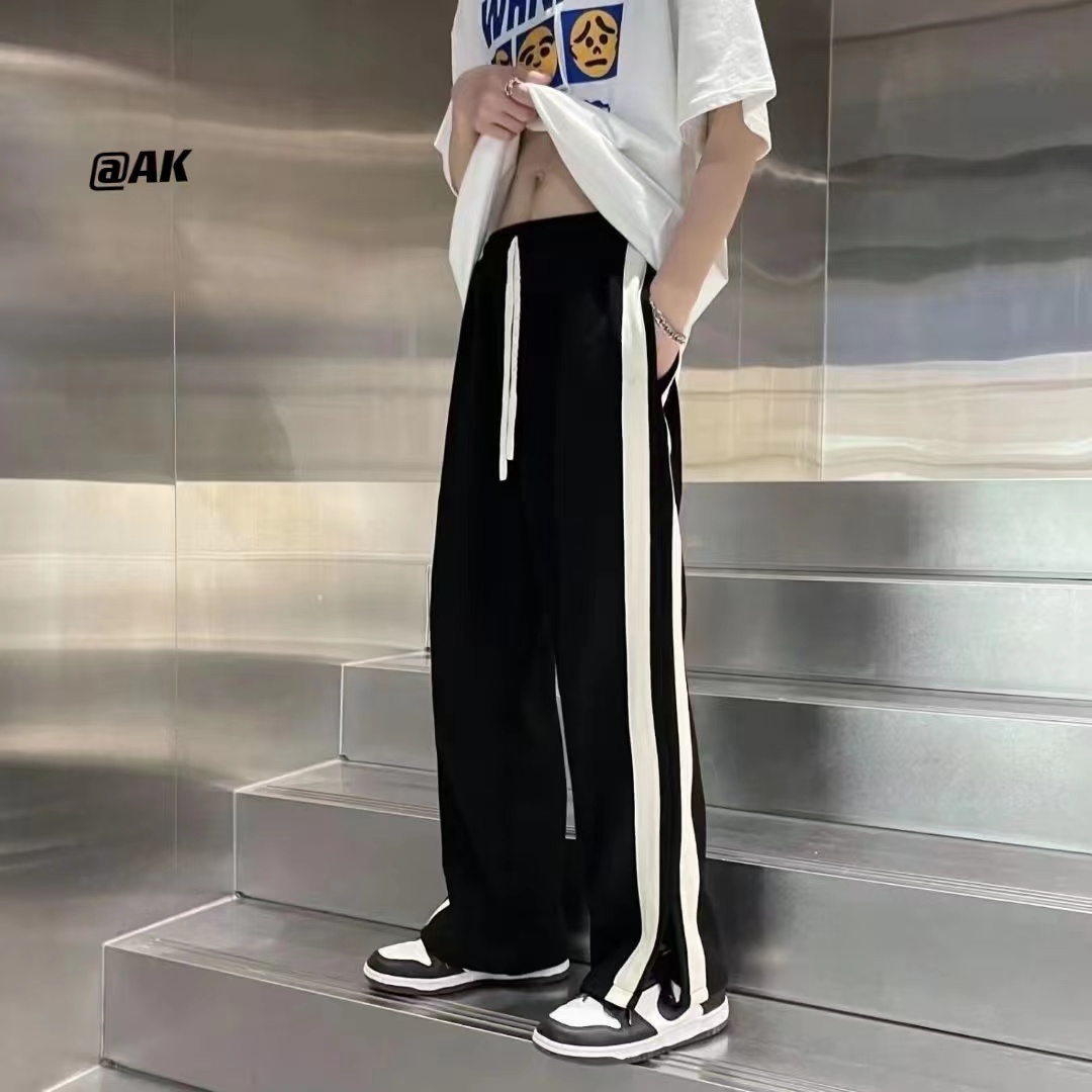 美式高街复古男士卫裤春秋季款潮牌条纹垂坠感宽松直筒拖地裤子男