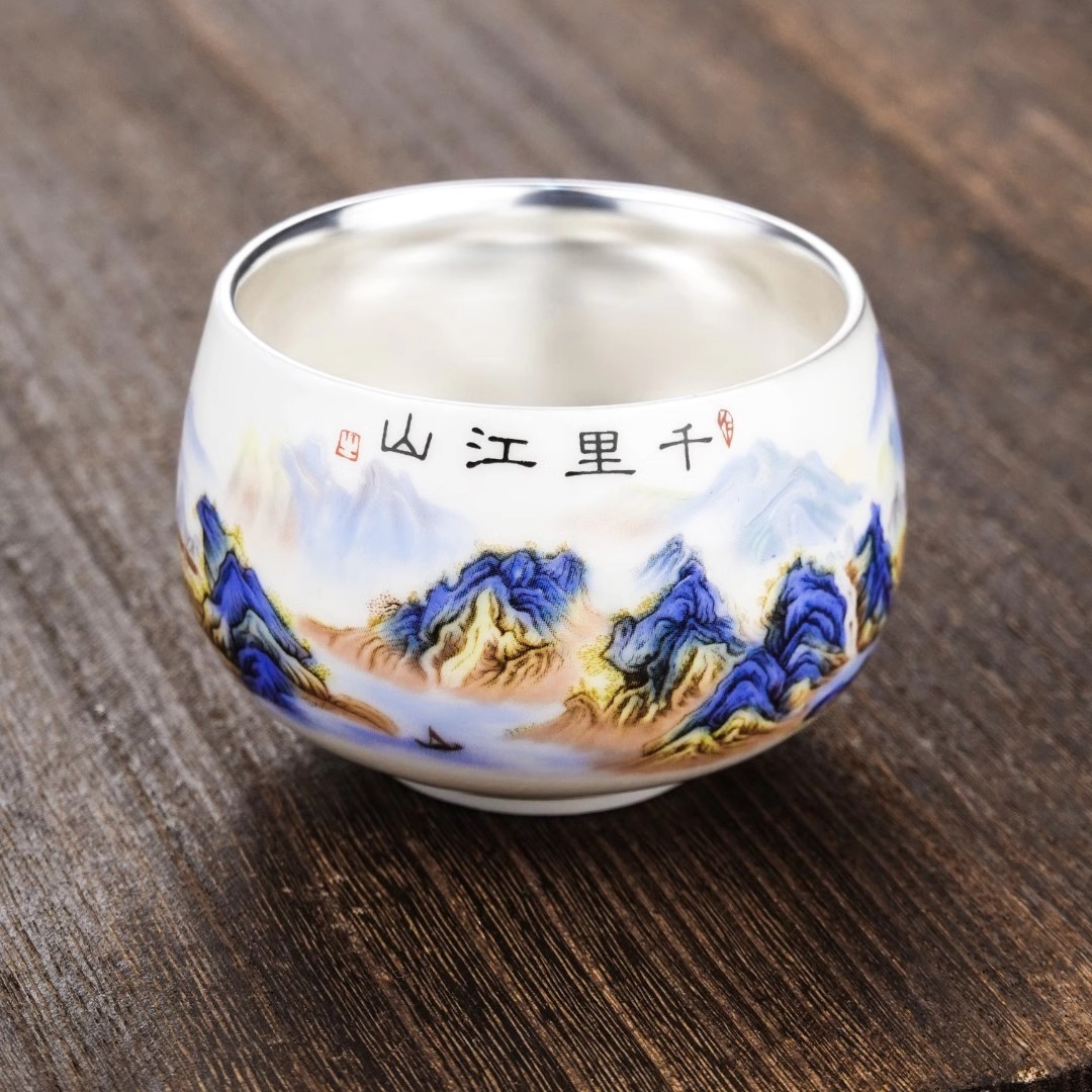 千里江山鎏银杯陶瓷品茗杯高档家用主人杯手工罗汉杯喝下午茶单杯