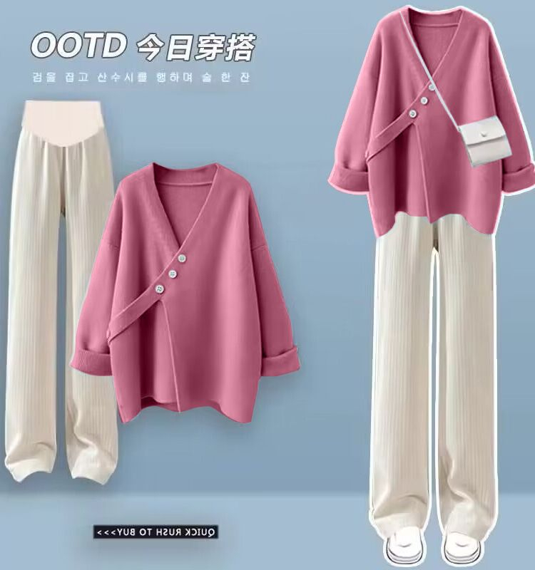 孕妇装秋冬款韩版大版V领宽松外套斜扣气质洋气减龄百搭开叉毛衣