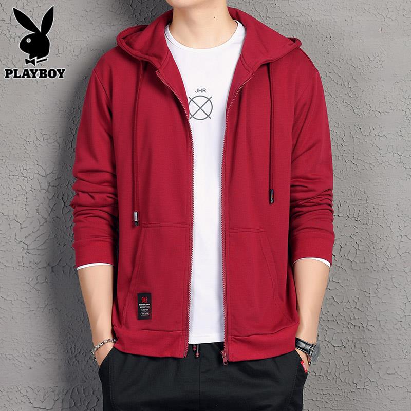 PLAYBOY加绒开衫卫衣男士秋冬季新款休闲连帽上衣服男装运动外套