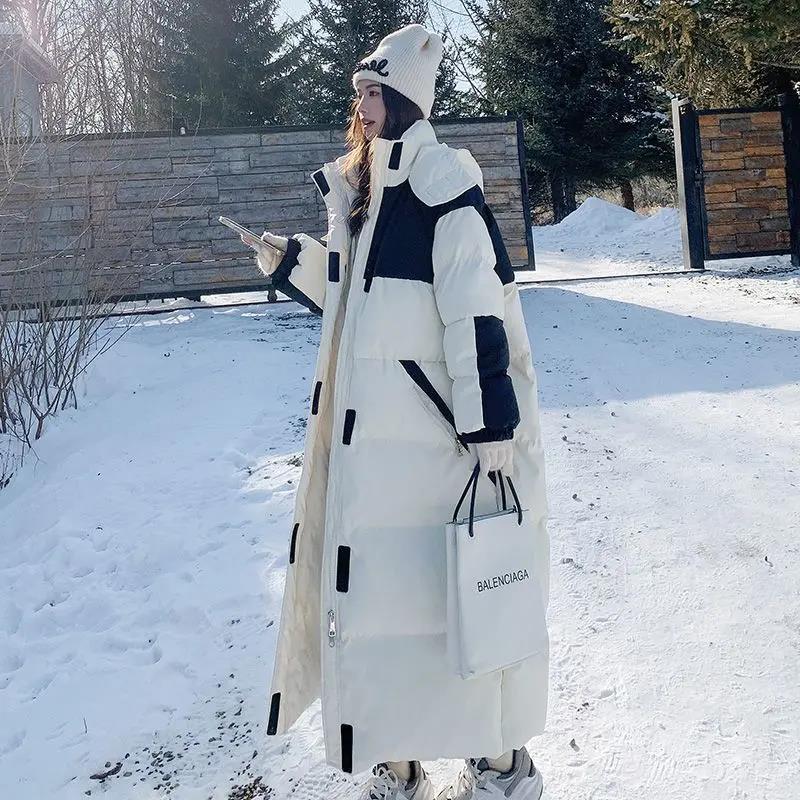 雪中飞黑白色工装羽绒服女长款过膝新款羽绒服宽松加厚羽绒服服ov