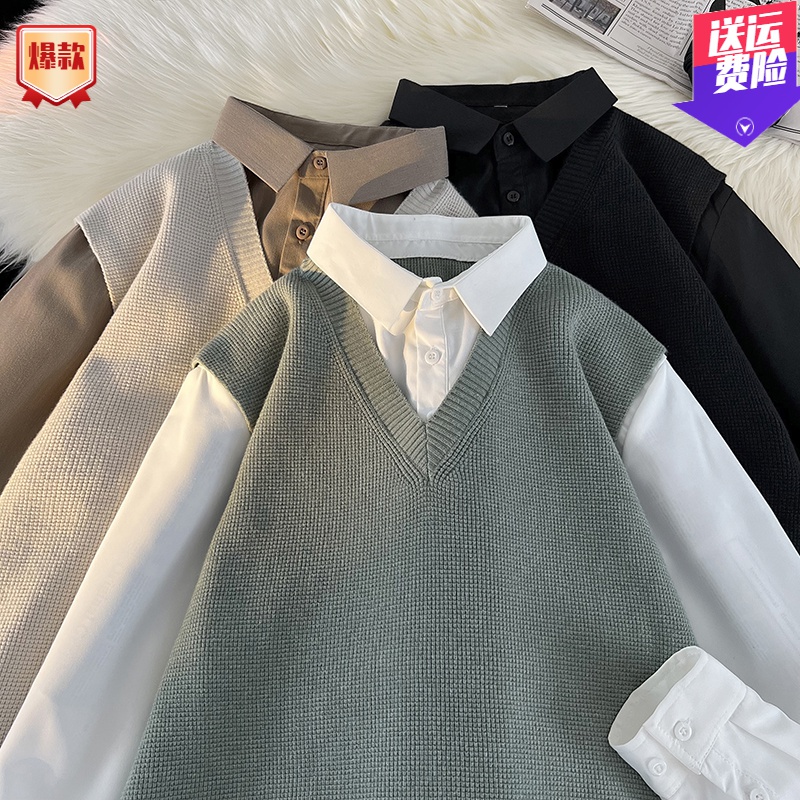 高级感休闲假两件衬衣针织衬衫男春秋潮牌（冬款ins潮流服饰背心）