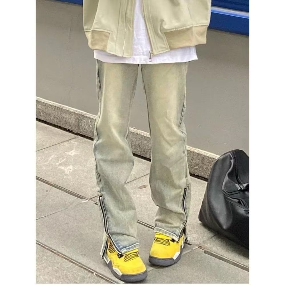 美式高街侧边拉链黄泥染牛仔裤男女春秋季（冬款ins潮流服饰背心）