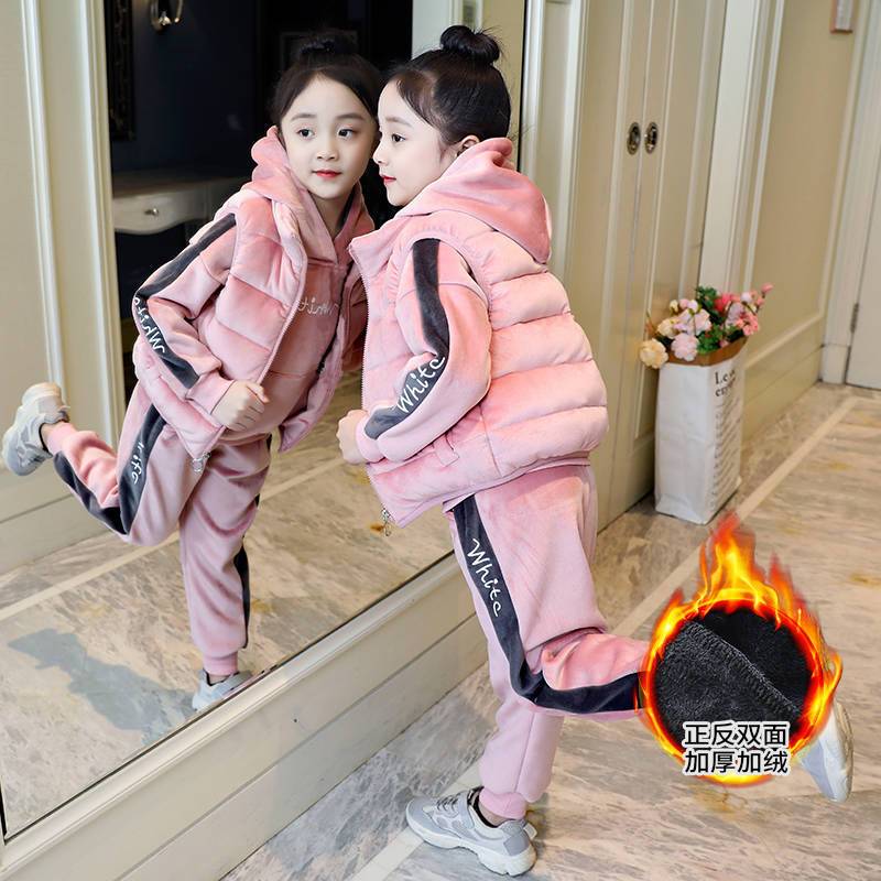 童装女童秋冬装金丝绒加绒加厚新款冬季中大儿童加绒加厚套装潮