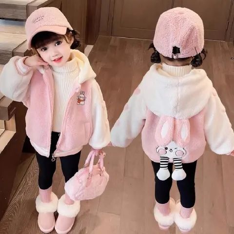 毛毛衣加绒加厚外套2024冬装可爱女宝宝洋气保暖连帽棉上衣潮D93