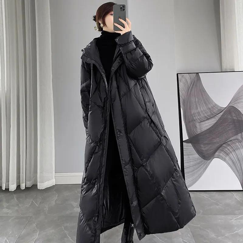 2023新款羽绒服女装冬季宽松超长款黑色连帽过膝白鸭绒加厚外套潮