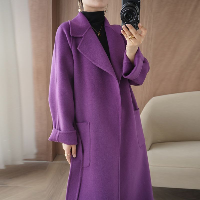 含纯羊毛双面呢羊绒大衣女士高档秋冬季中长款插肩袖加厚外套穿