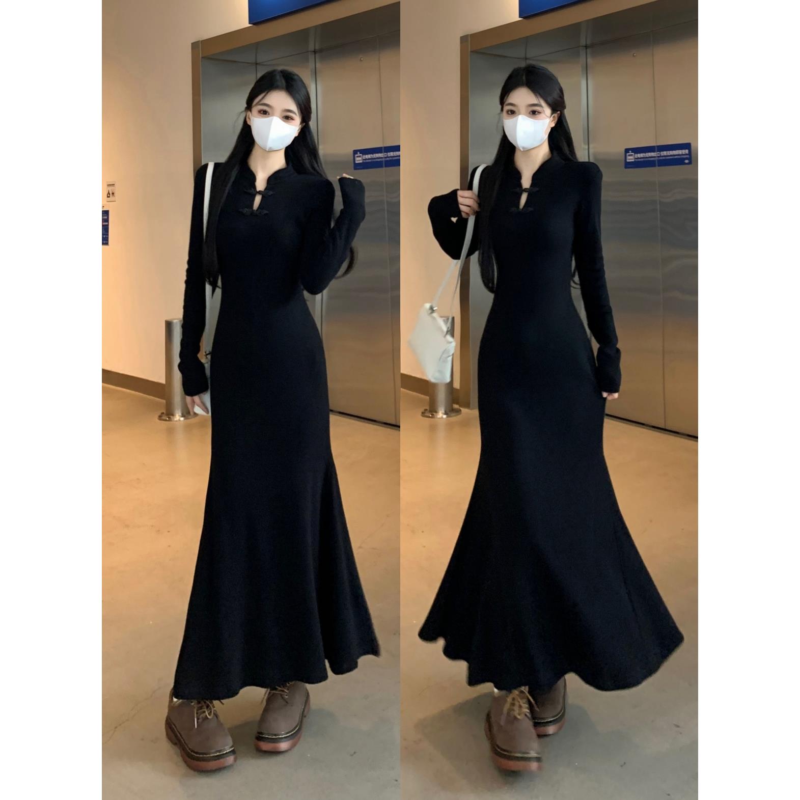大码女装新中式改良旗袍盘扣A字长裙收腰显瘦鱼尾针织打底连衣裙