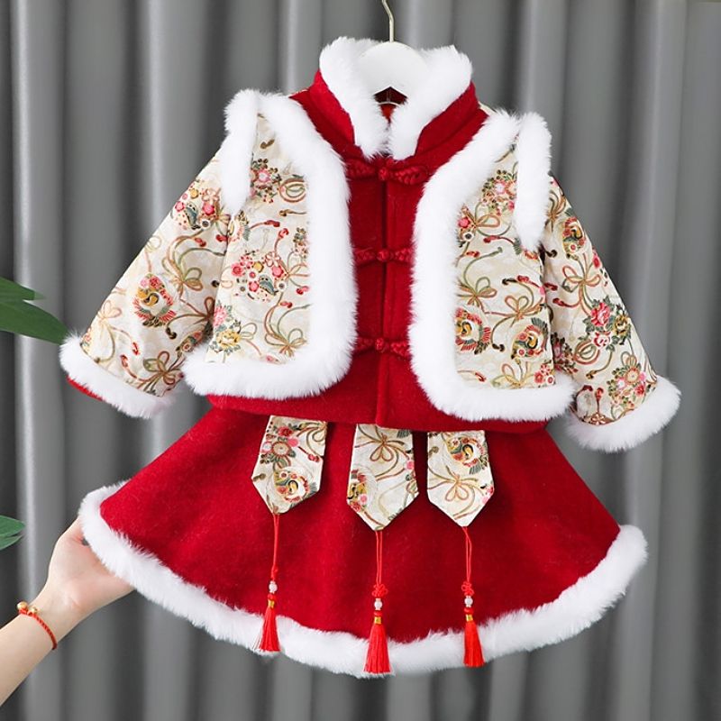 汉服女童冬装新年衣服儿童中国风童装加绒唐装小童过年宝宝拜年服