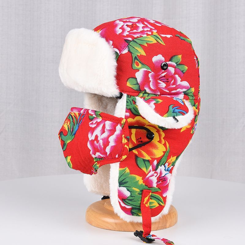 东北大花布雷锋帽男女冬季保暖加绒加厚棉帽子潮复古民族风护耳帽