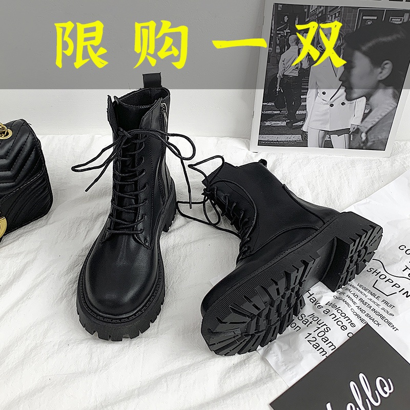 红蜻蜓牌马丁靴女英伦春秋单靴中筒厚底夏小众瘦瘦靴内增高2023