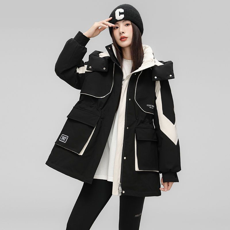 2024时尚收腰中长款棉服外套女时尚拼色棉衣新款冬季小个子派克服