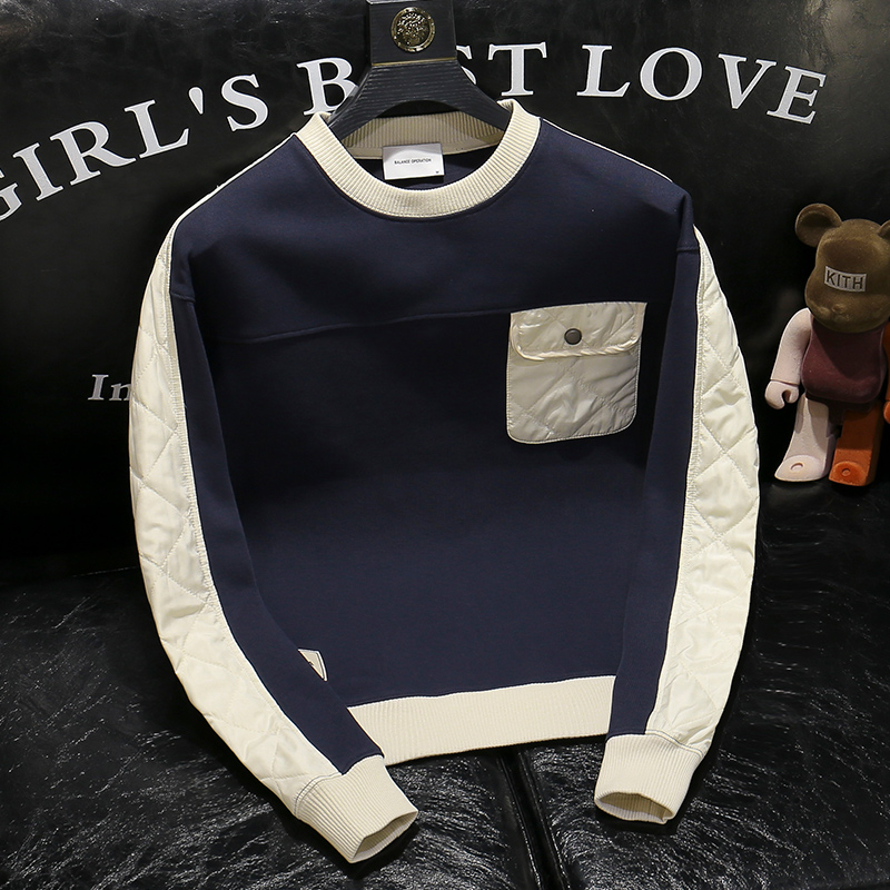 日系新款长袖卫衣男士秋冬季加绒潮牌圆领百搭撞色ins风套头T上衣