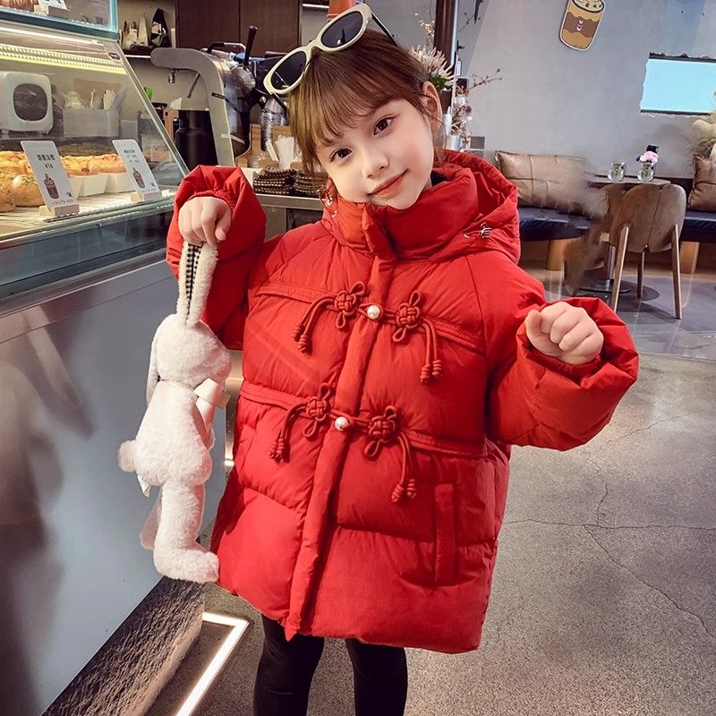 新品巴啦拉巴女童羽绒服冬装新款洋气儿童短款红色中国风新年装连