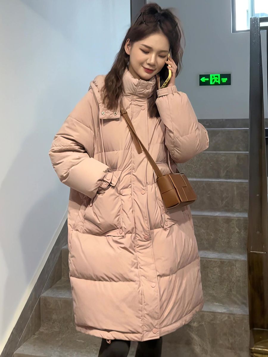 韩系大版羽绒服女中长款2023冬季新款连帽大口袋白鸭绒加厚外套潮