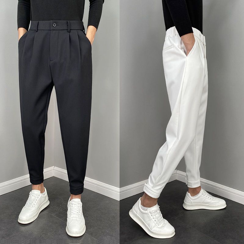 裤子男束脚九分休闲裤高级垂感西裤男魔术贴哈伦裤修身小脚西装裤