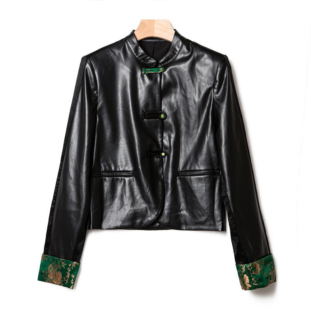 秋冬新款拼接新中式提花盘扣外套拼皮皮衣外套