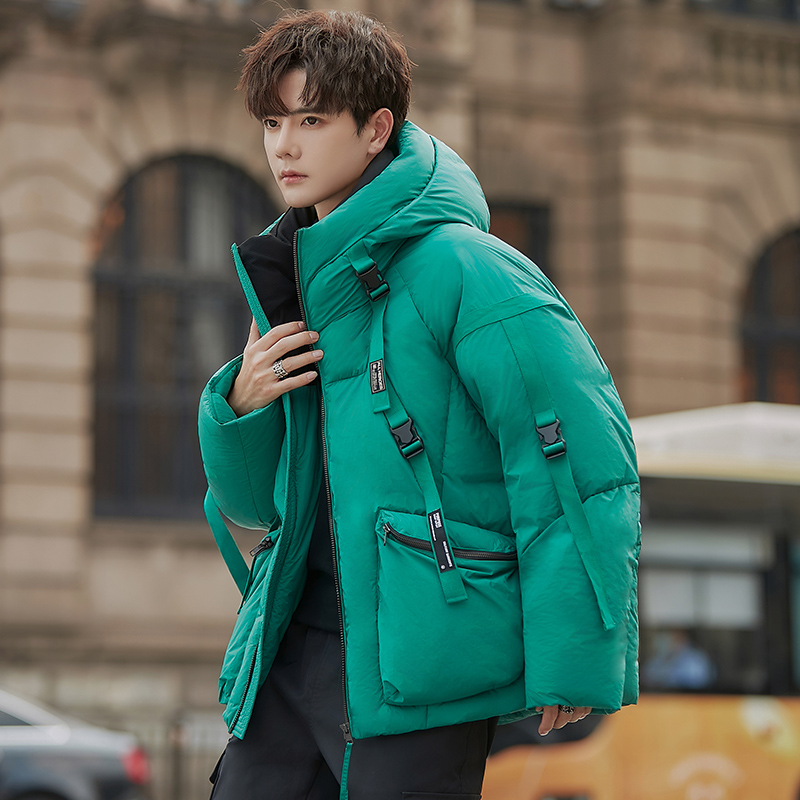 工装连帽面包羽绒服男士冬季2023新款潮牌男生短款青少年加厚外套
