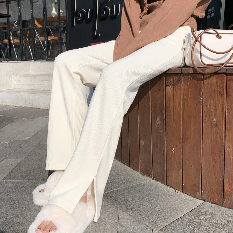 雪尼尔阔腿裤女2023新款秋款窄版高腰开叉直筒裤白色加绒休闲裤子