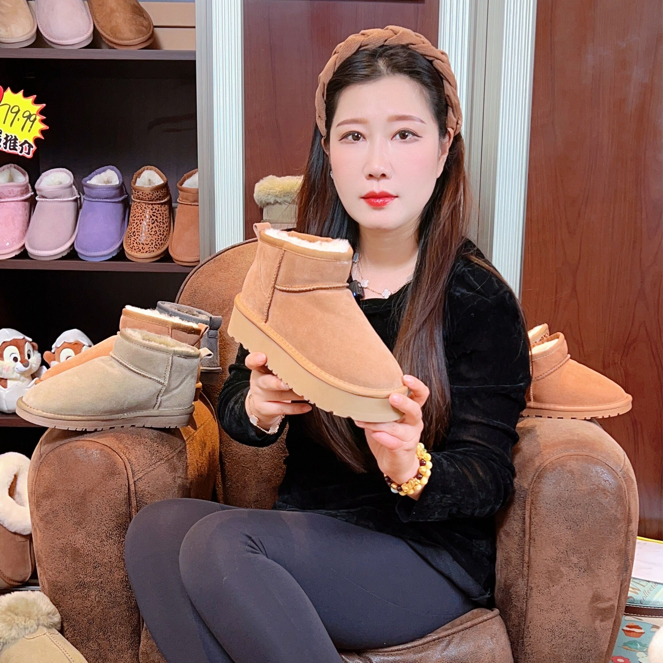 冬季森马潮真皮厚底雪地靴加厚大码棉鞋保暖时尚百搭休闲短筒棉靴
