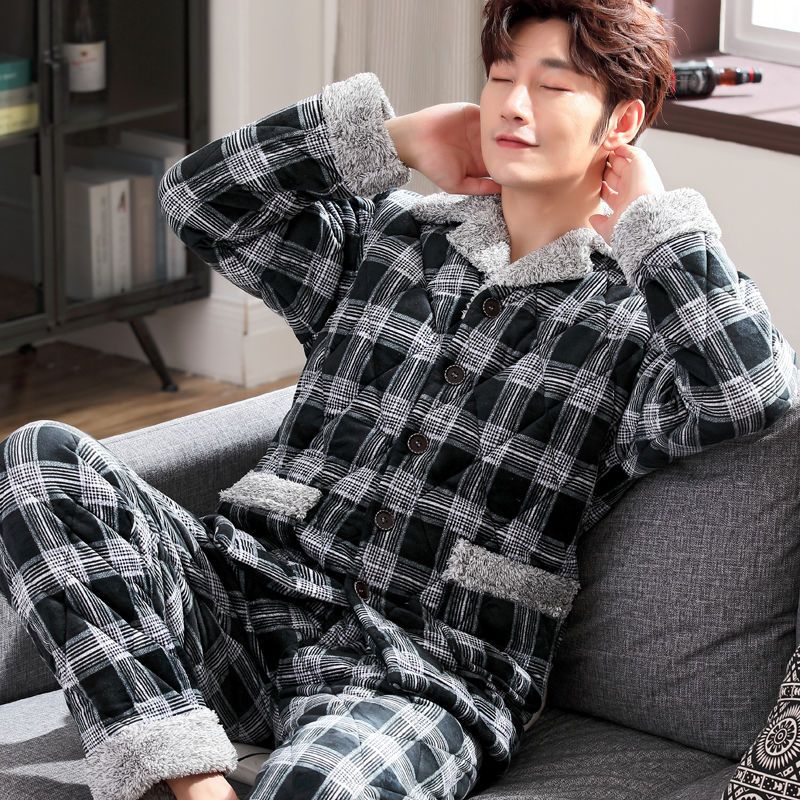 睡衣男冬季珊瑚绒三层夹棉加厚加绒法兰绒保暖棉袄冬款家居服套装