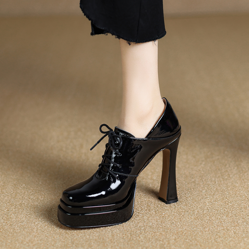 红蜻蜓牌真皮深口超高跟鞋女粗跟系带单鞋防水台厚底不累脚方头