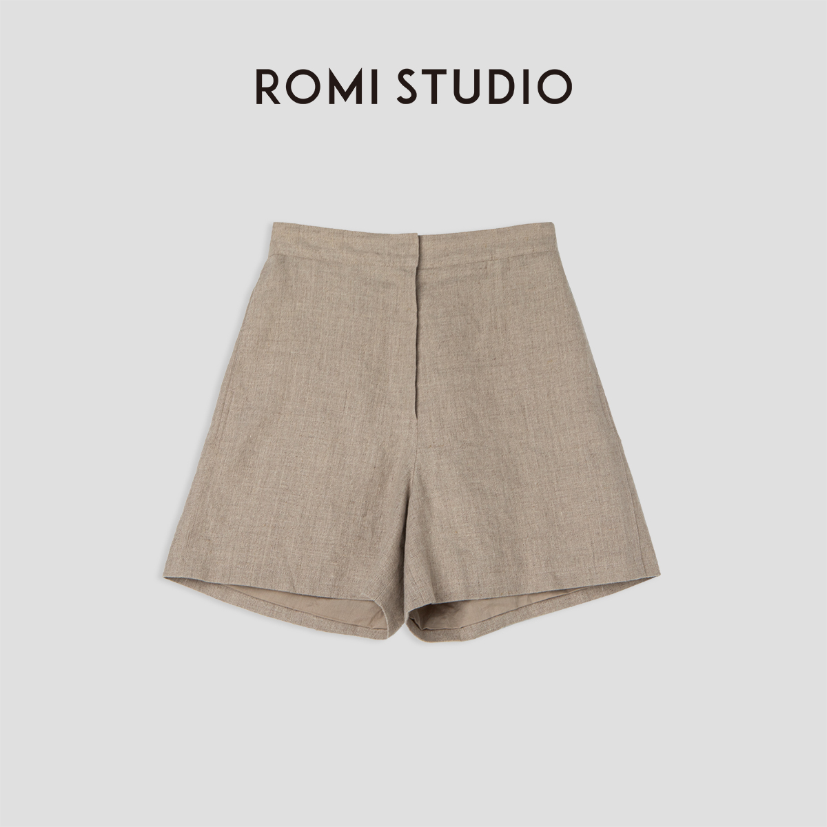 ROMI STUDIO【经典升级】100%亚麻利落中高腰奶茶色麻短裤K3404