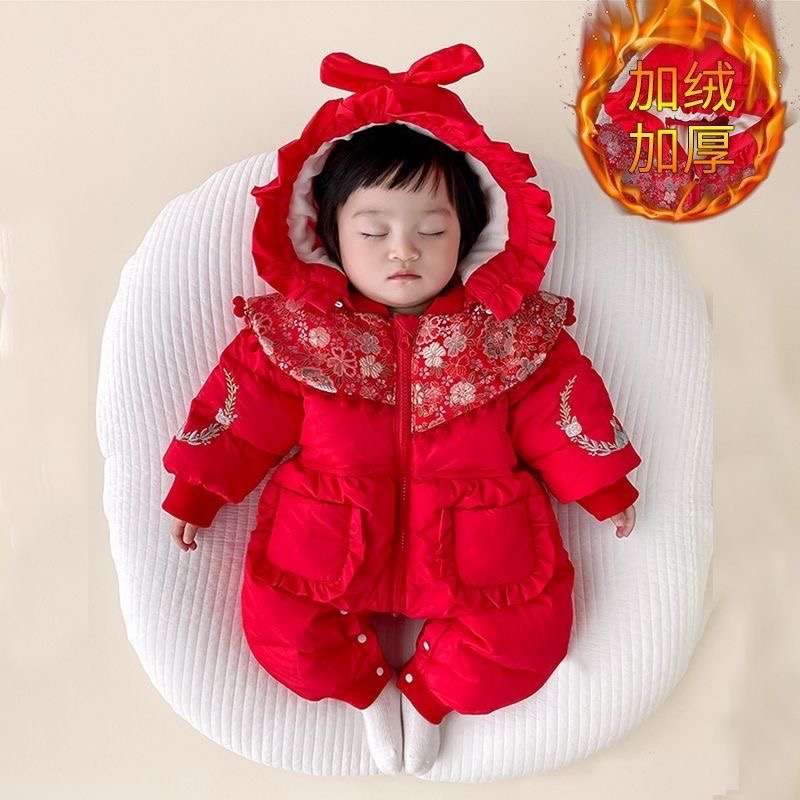 婴儿冬季衣服加厚红色保暖满月连体衣喜庆加绒周岁中国拜年外出服