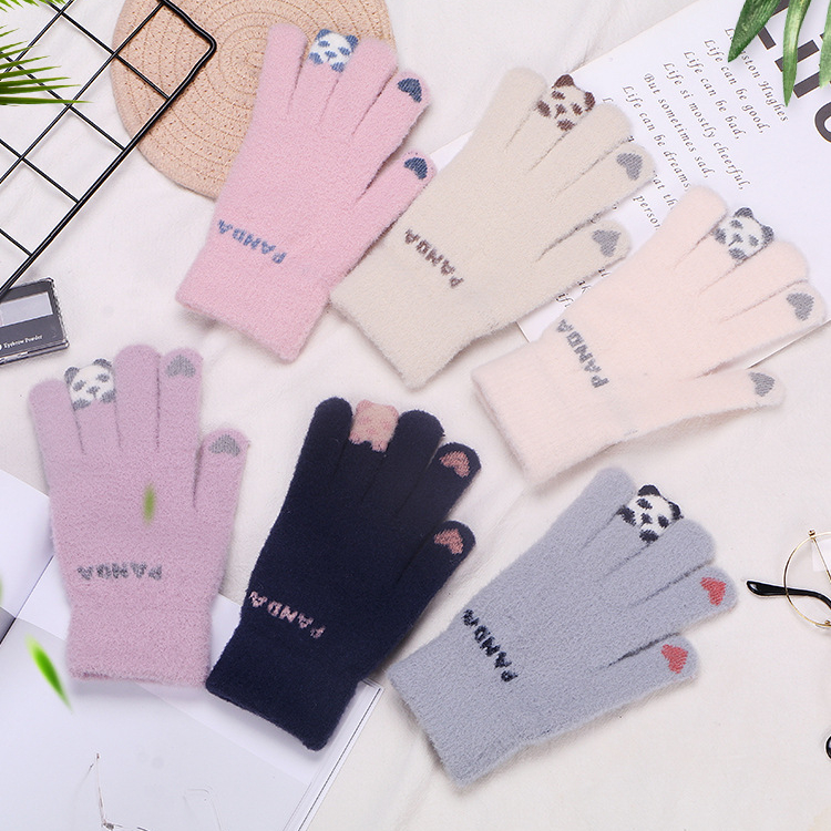 新款秋冬季针织卡通手套毛绒防寒触屏保暖手套加绒加厚学生韩版
