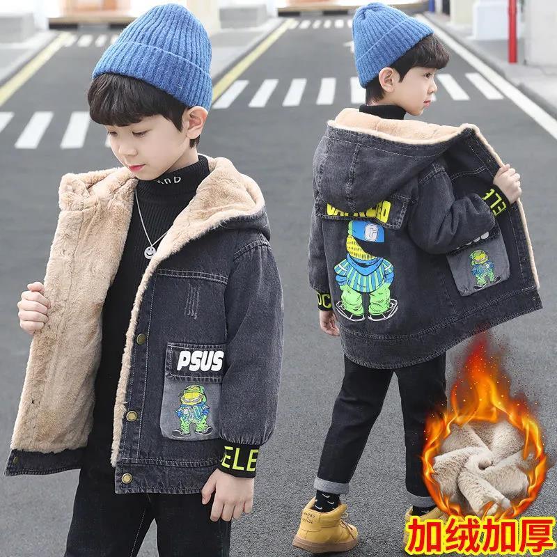 男童秋冬装加绒加厚牛仔外套2023新款中大童休闲儿童中长款风衣潮