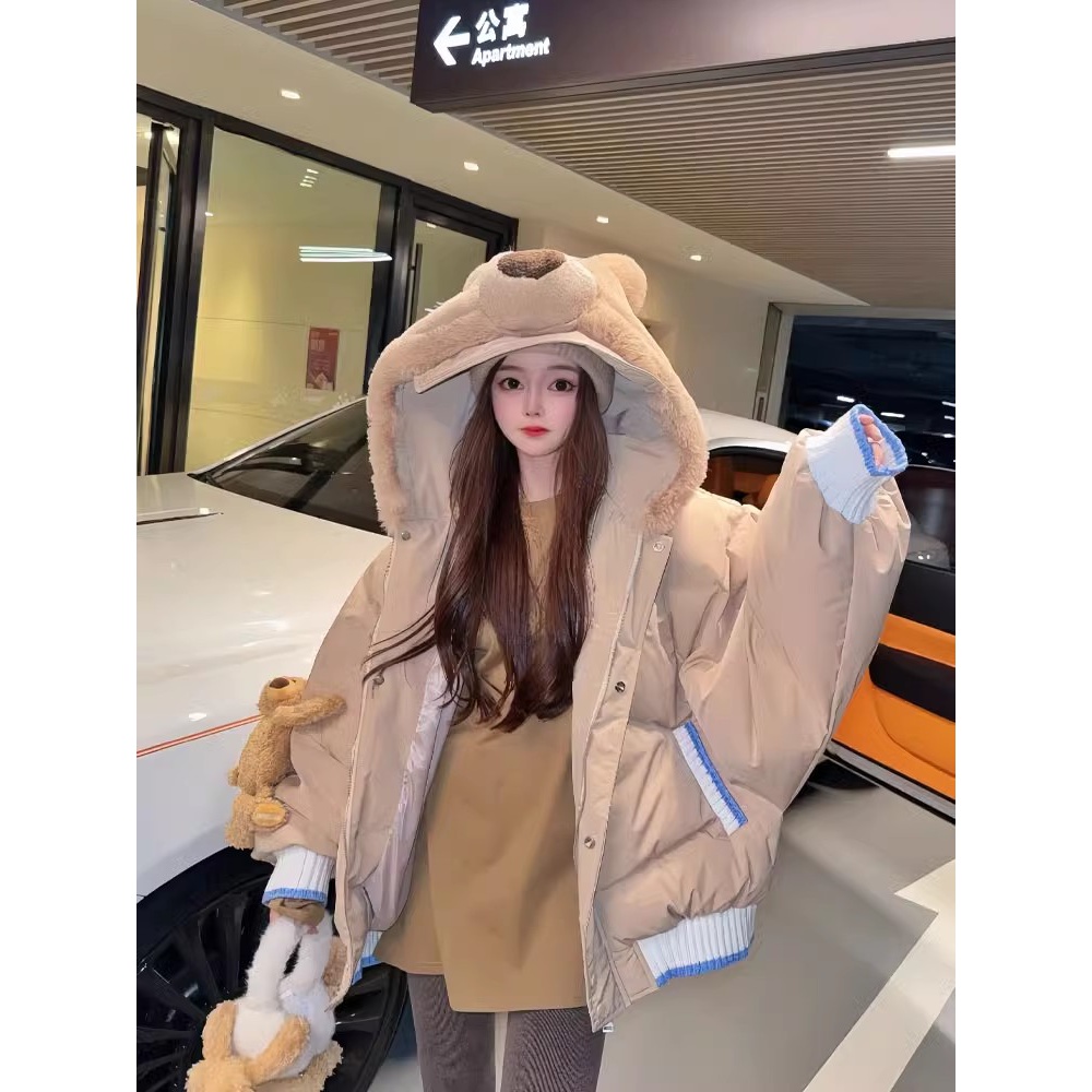 2023秋冬新款韩系慵懒风连帽时尚小熊短款羽绒服外套女拼接立体兔