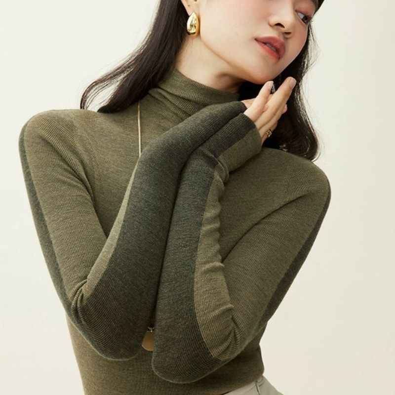 美拉德撞色拼接长袖针织衫女秋冬两面穿半高领打底衫堆堆领修身